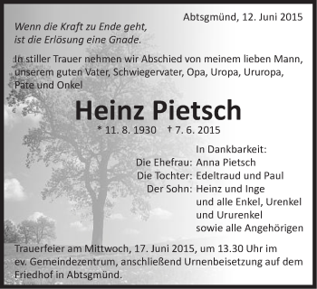 Traueranzeige von Heinz Pietsch von Schwäbische Post