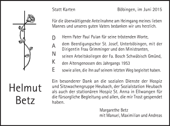 Traueranzeige von Helmut Betz von Gmünder Tagespost