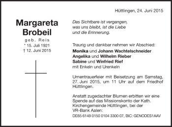Traueranzeige von Margareta Brobeil von Schwäbische Post