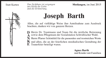 Traueranzeige von Joseph Barth von Gmünder Tagespost