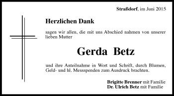 Traueranzeige von Gerda Betz von Gmünder Tagespost