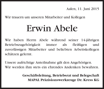Traueranzeige von Erwin Abele von Schwäbische Post