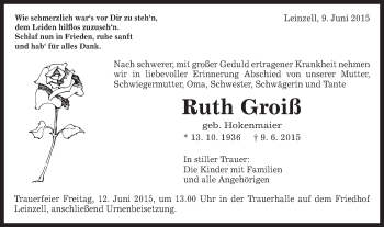 Traueranzeige von Ruth Groiß von Gmünder Tagespost