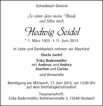 Traueranzeige von Hedwig Seidel von Gmünder Tagespost