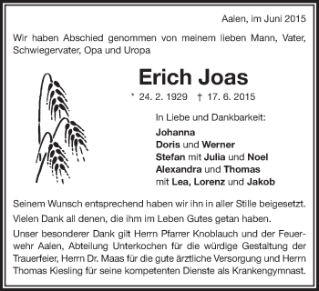 Traueranzeige von Erich Joas von Schwäbische Post