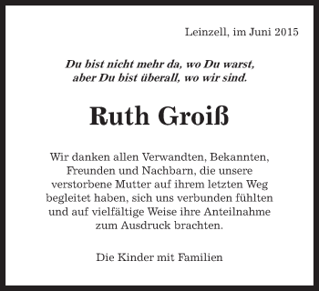 Traueranzeige von Ruth Groiß von Gmünder Tagespost