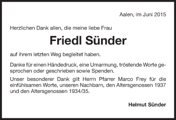 Traueranzeige von Friedl Sünder von Schwäbische Post