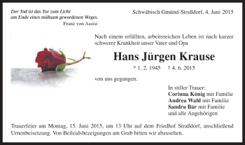 Traueranzeige von Hans Jürgen Krause von Gmünder Tagespost