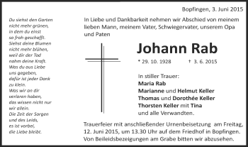 Traueranzeige von Johann Rab von Schwäbische Post