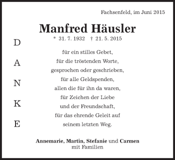 Traueranzeige von Manfred Häusler von Schwäbische Post