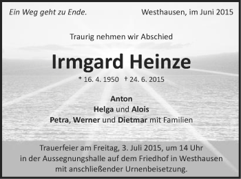 Traueranzeige von Irmgard Heinze von Schwäbische Post