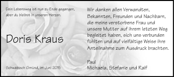 Traueranzeige von Doris Kraus von Gmünder Tagespost