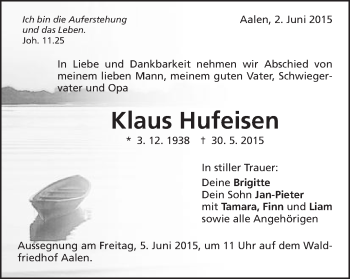 Traueranzeige von Klaus Hufeisen von Schwäbische Post