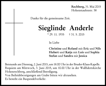 Traueranzeige von Sieglinde Anderle von Gmünder Tagespost