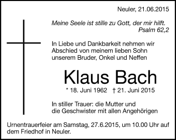 Traueranzeige von Klaus Bach von Schwäbische Post