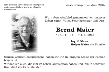 Traueranzeige von Bernd Maier von Schwäbische Post