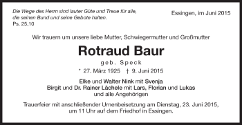 Traueranzeige von Rotraud Baur von Schwäbische Post