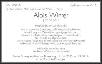 Traueranzeige von Alois Winter von Schwäbische Post