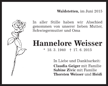 Traueranzeige von Hannelore Weisser von Gmünder Tagespost