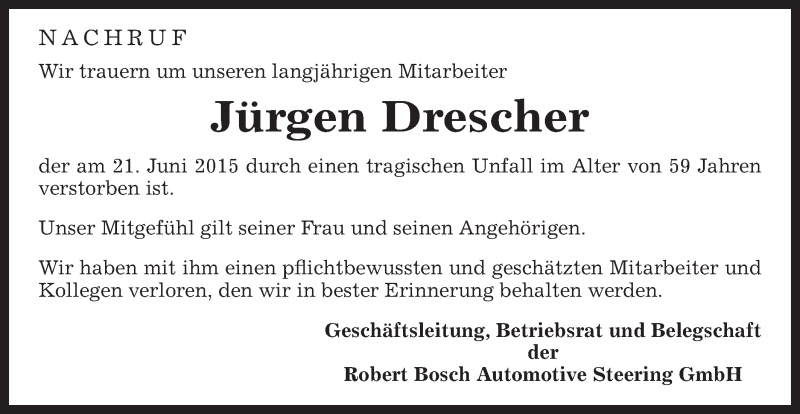  Traueranzeige für Jürgen Drescher vom 27.06.2015 aus Gmünder Tagespost