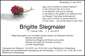 Traueranzeige von Brigitte Stegmaier von Schwäbische Post