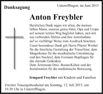 Traueranzeige von Anton Freybler von Schwäbische Post