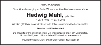 Traueranzeige von Hedwig Mahl von Schwäbische Post