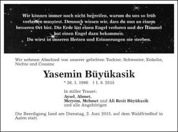 Traueranzeige von Yasemin Büyükasik von Schwäbische Post