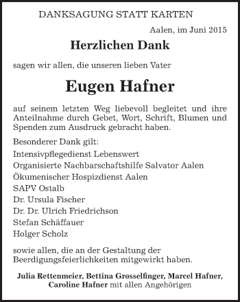 Traueranzeige von Eugen Hafner von Schwäbische Post
