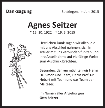 Traueranzeige von Agnes Seitzer von Gmünder Tagespost