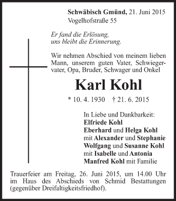 Traueranzeige von Karl Kohl von Gmünder Tagespost