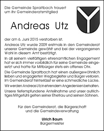 Traueranzeige von Andreas Utz von Gmünder Tagespost