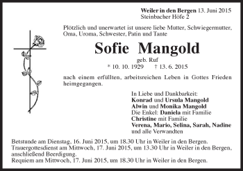 Traueranzeige von Sofie Mangold von Gmünder Tagespost