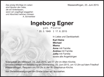 Traueranzeige von Ingeborg Egner von Schwäbische Post