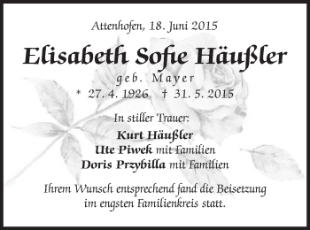 Traueranzeige von Elisabeth Sofie Häußler von Schwäbische Post