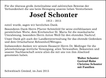 Traueranzeige von Josef Schonter von Gmünder Tagespost