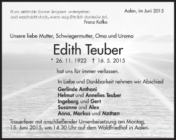 Traueranzeige von Edith Teuber von Schwäbische Post