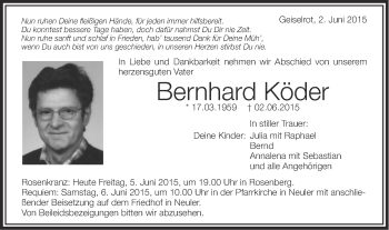 Traueranzeige von Bernhard Köder von Schwäbische Post