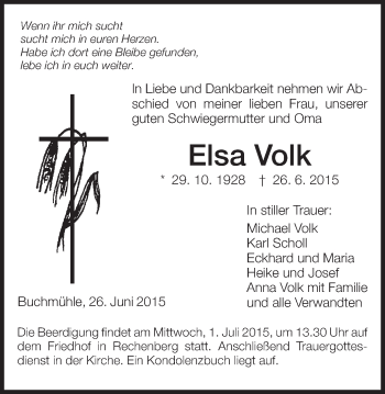 Traueranzeige von Elsa Volk von Schwäbische Post