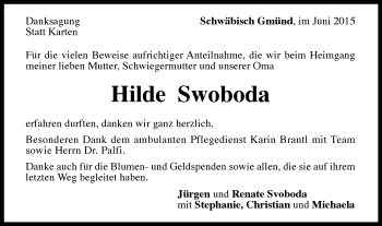 Traueranzeige von Hilde Swoboda von Gmünder Tagespost