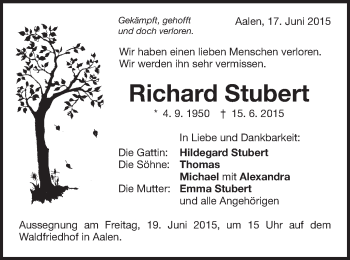 Traueranzeige von Richard Stubert von Schwäbische Post