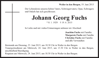Traueranzeige von Johann Georg Fuchs von Gmünder Tagespost