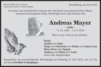 Traueranzeige von Andreas Mayer von Schwäbische Post
