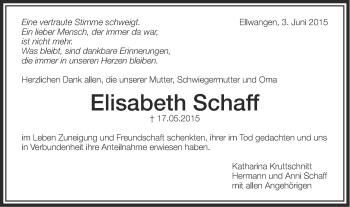 Traueranzeige von Elisabeth Schaff von Schwäbische Post