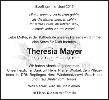 Traueranzeige von Theresia Mayer von Schwäbische Post
