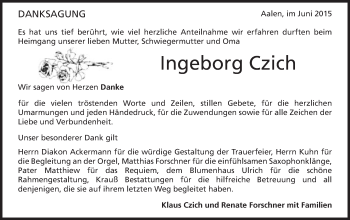 Traueranzeige von Ingeborg Czich von Schwäbische Post