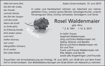 Traueranzeige von Rosel Waldenmaier von Schwäbische Post