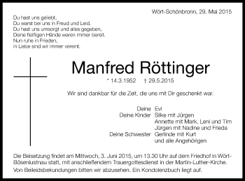 Traueranzeige von Manfred Röttinger von Schwäbische Post