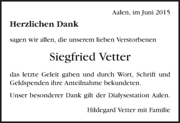 Traueranzeige von Siegfried Vetter von Schwäbische Post