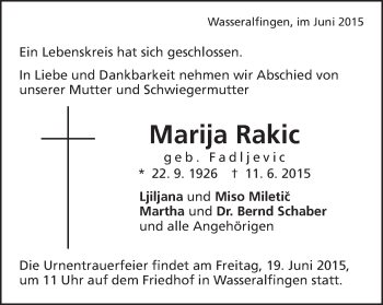Traueranzeige von Marija Rakic von Schwäbische Post